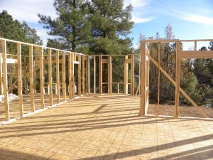 Photo of house construction in a forested neighborhood.
