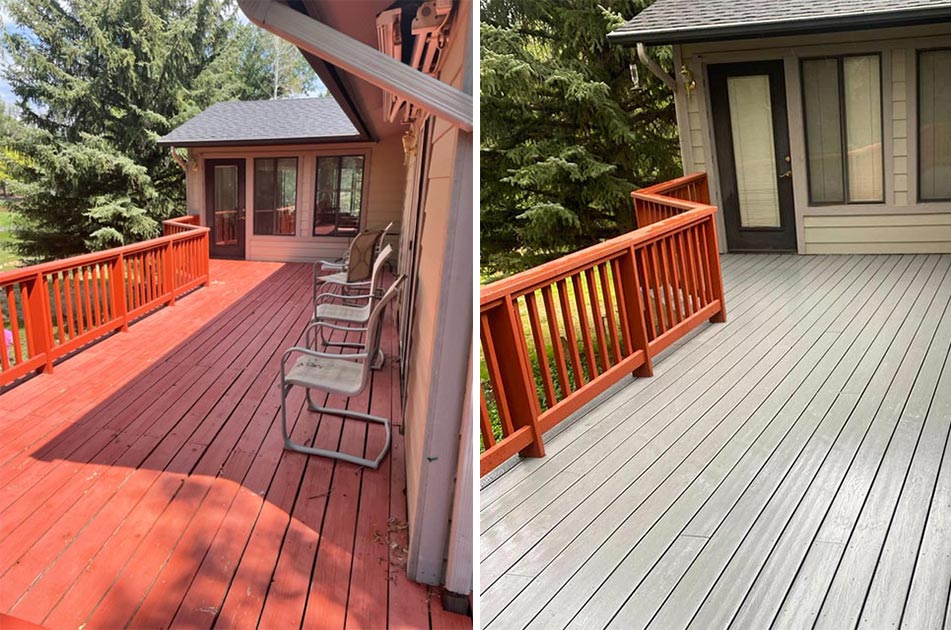Before and After pictures of snow damaged deck repair