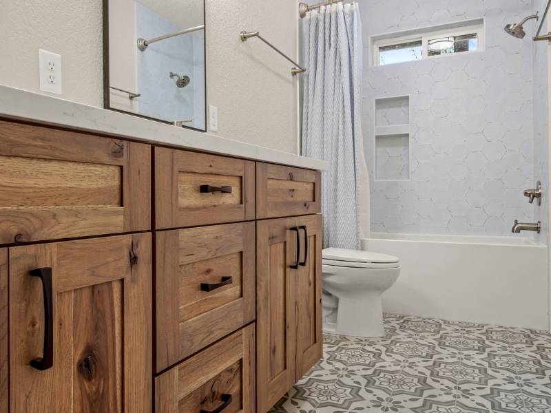 wood cabinets in bathroom
