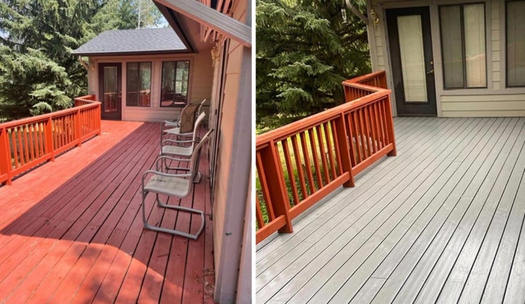 A deck before and after being painted and cleaned in Northern Arizona