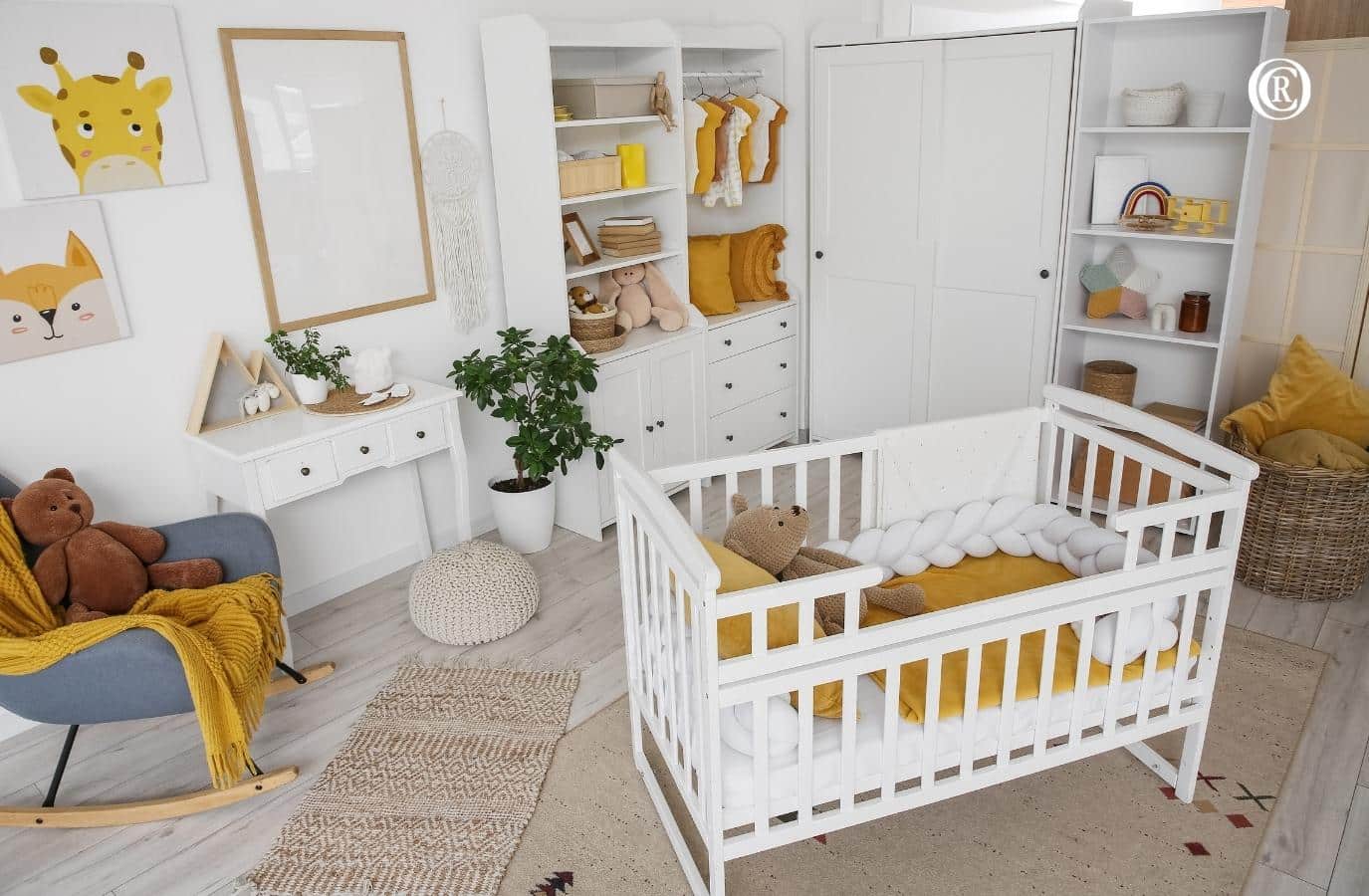 crowded baby room with crib and rocking chair