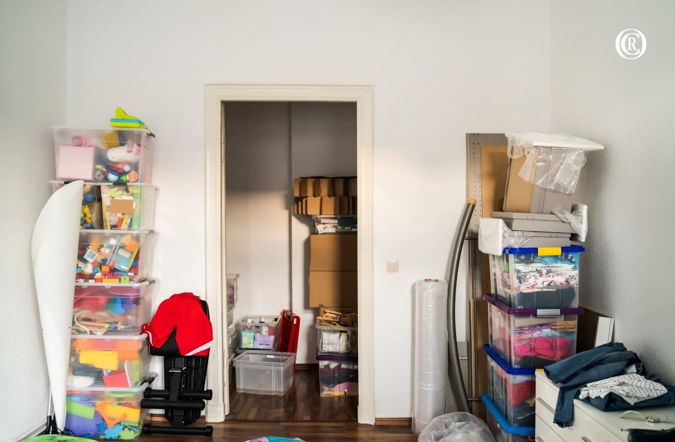 crowded home with storage bins